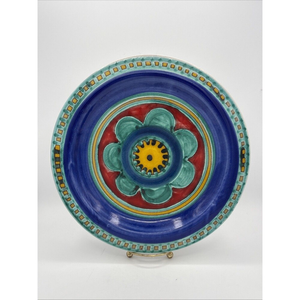 DeSimone Italy Art Ceramic Plate Signed Colorful Pottery Blue Red Flower 10 Inch